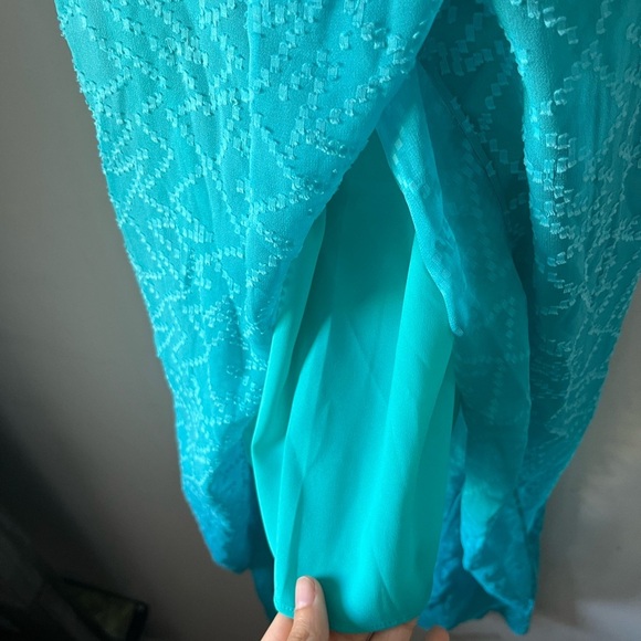 Alice & Olivia Silk-Cotton Tie-Waist Wrap Turquoise Dress - 8 - Picture 8 of 15